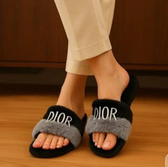 BLACK & GREY FUZZY FUR SLIDES PREMIUM QUALITY