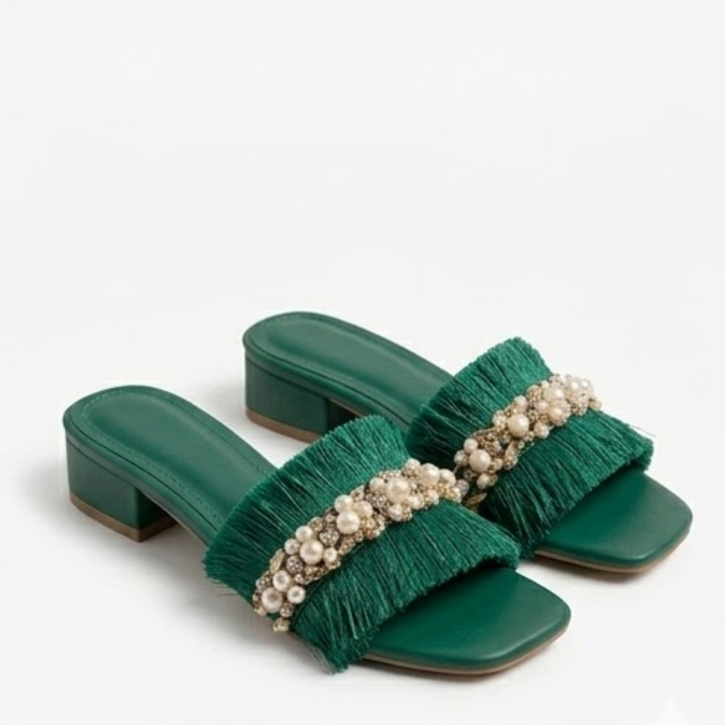 Embellished Fringe Block Heel – Mint Green