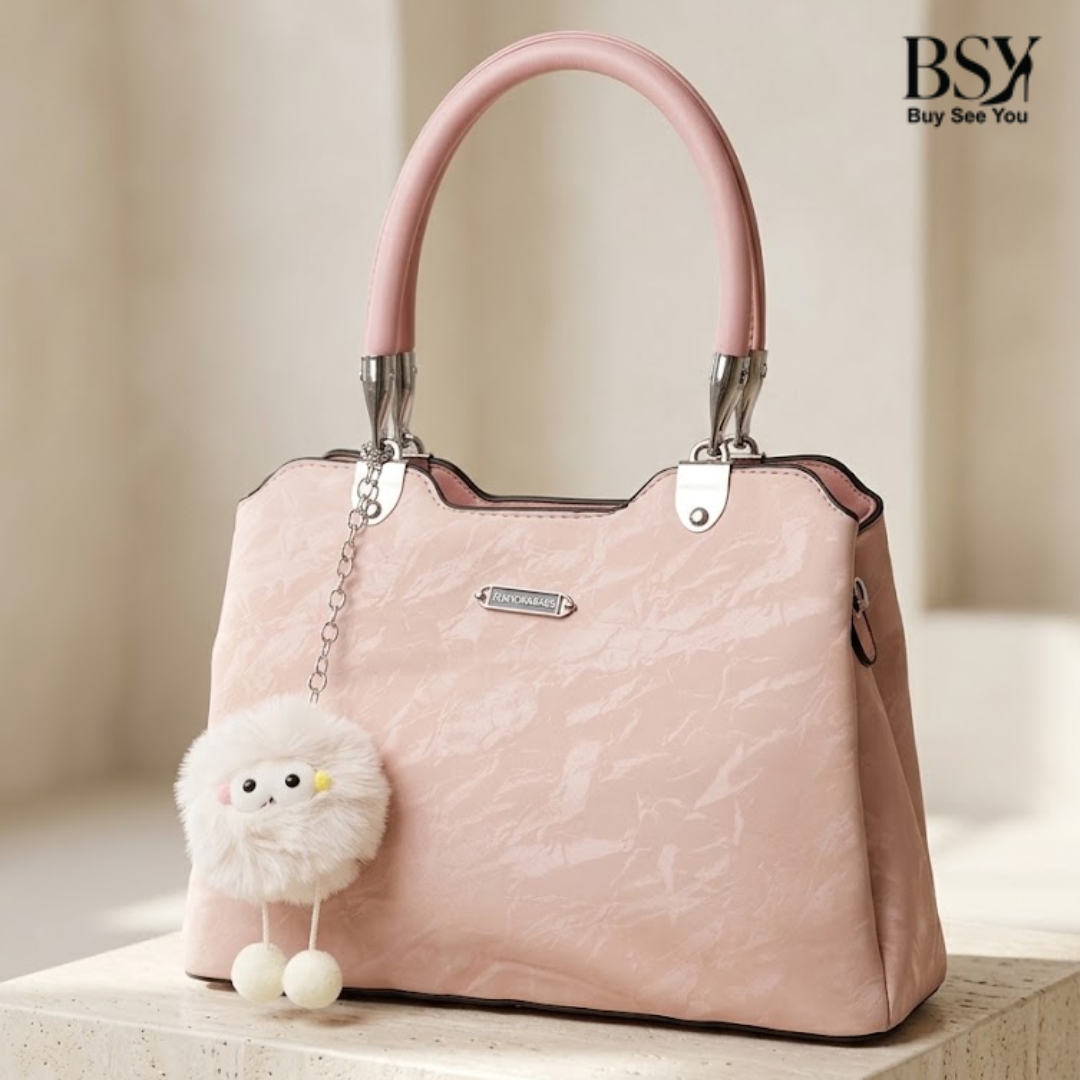 Pink Floral Handbag with Cute Pom-Pom Charm