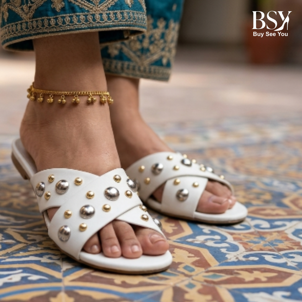 White Criss-Cross Studded Flat Sandals