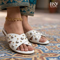 White Criss-Cross Studded Flat Sandals