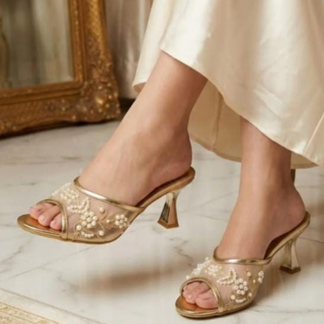 Gold metallic peep-toe high heels with premium quality