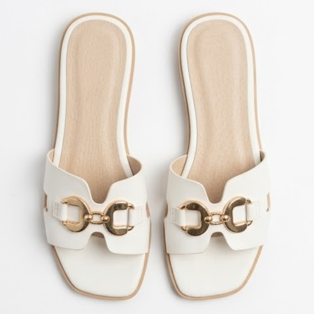 White Buckle-Detail Flat Slides
