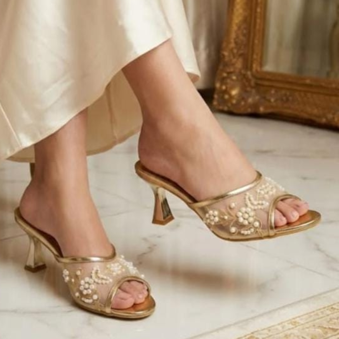 Gold metallic peep-toe high heels with premium quality