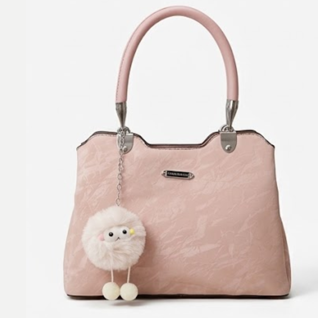 Pink Floral Handbag with Cute Pom-Pom Charm
