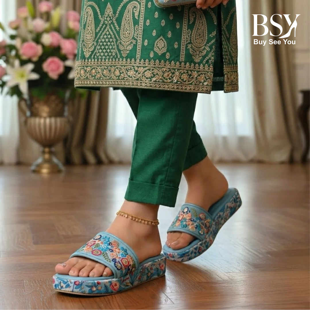 Floral Embroidered Platform Slide Sandals