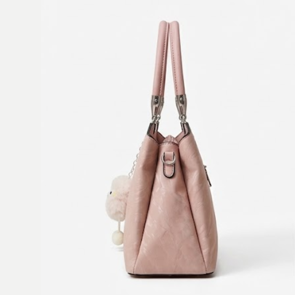 Pink Floral Handbag with Cute Pom-Pom Charm