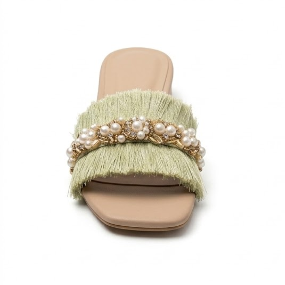 Embellished Fringe Block Heel – Mint Green