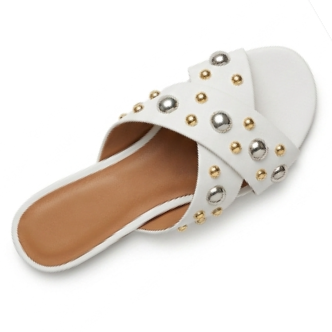 White Criss-Cross Studded Flat Sandals