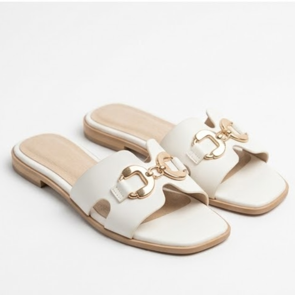 White Buckle-Detail Flat Slides