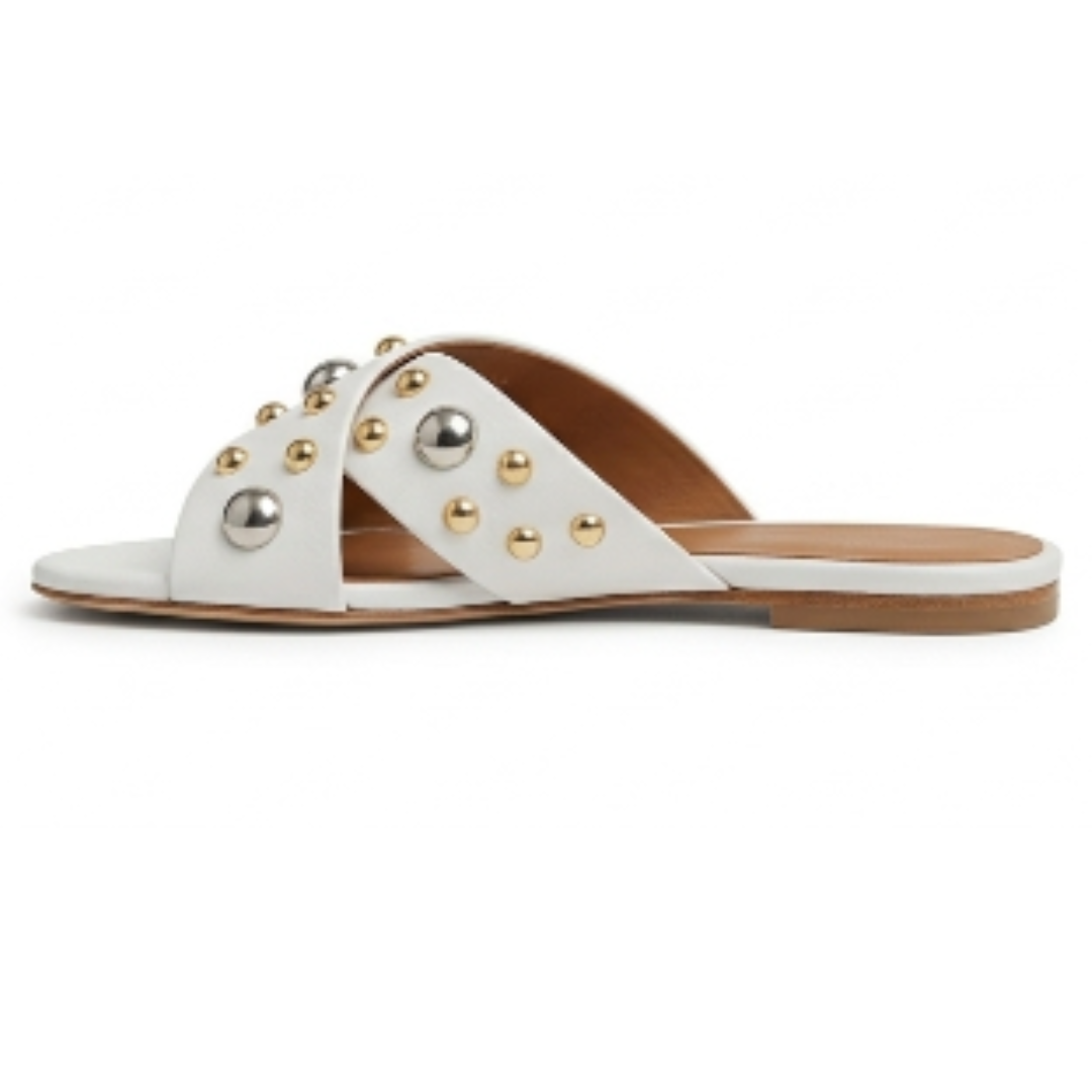 White Criss-Cross Studded Flat Sandals