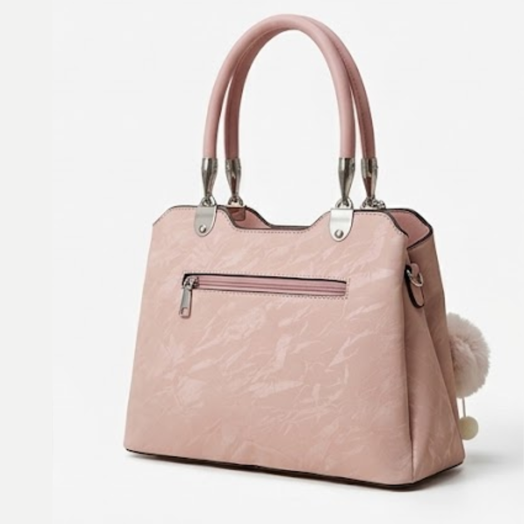 Pink Floral Handbag with Cute Pom-Pom Charm