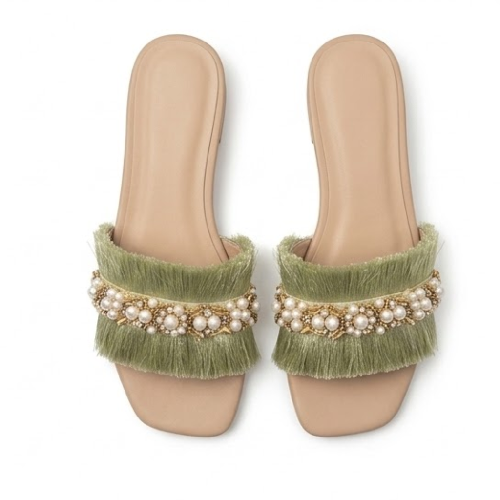 Embellished Fringe Block Heel – Mint Green