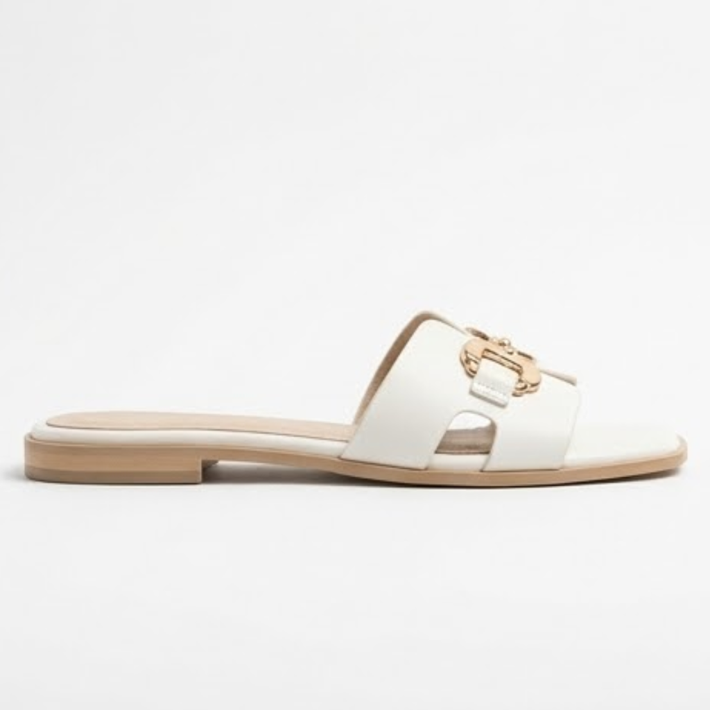 White Buckle-Detail Flat Slides
