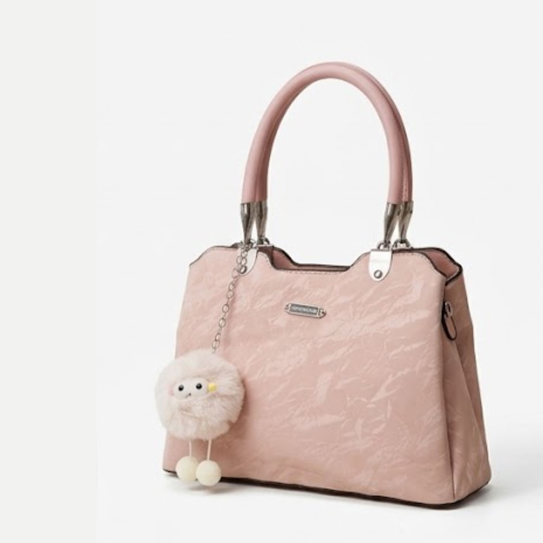 Pink Floral Handbag with Cute Pom-Pom Charm