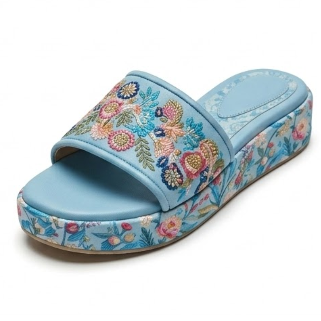 Floral Embroidered Platform Slide Sandals