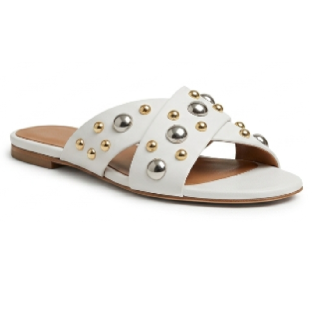 White Criss-Cross Studded Flat Sandals