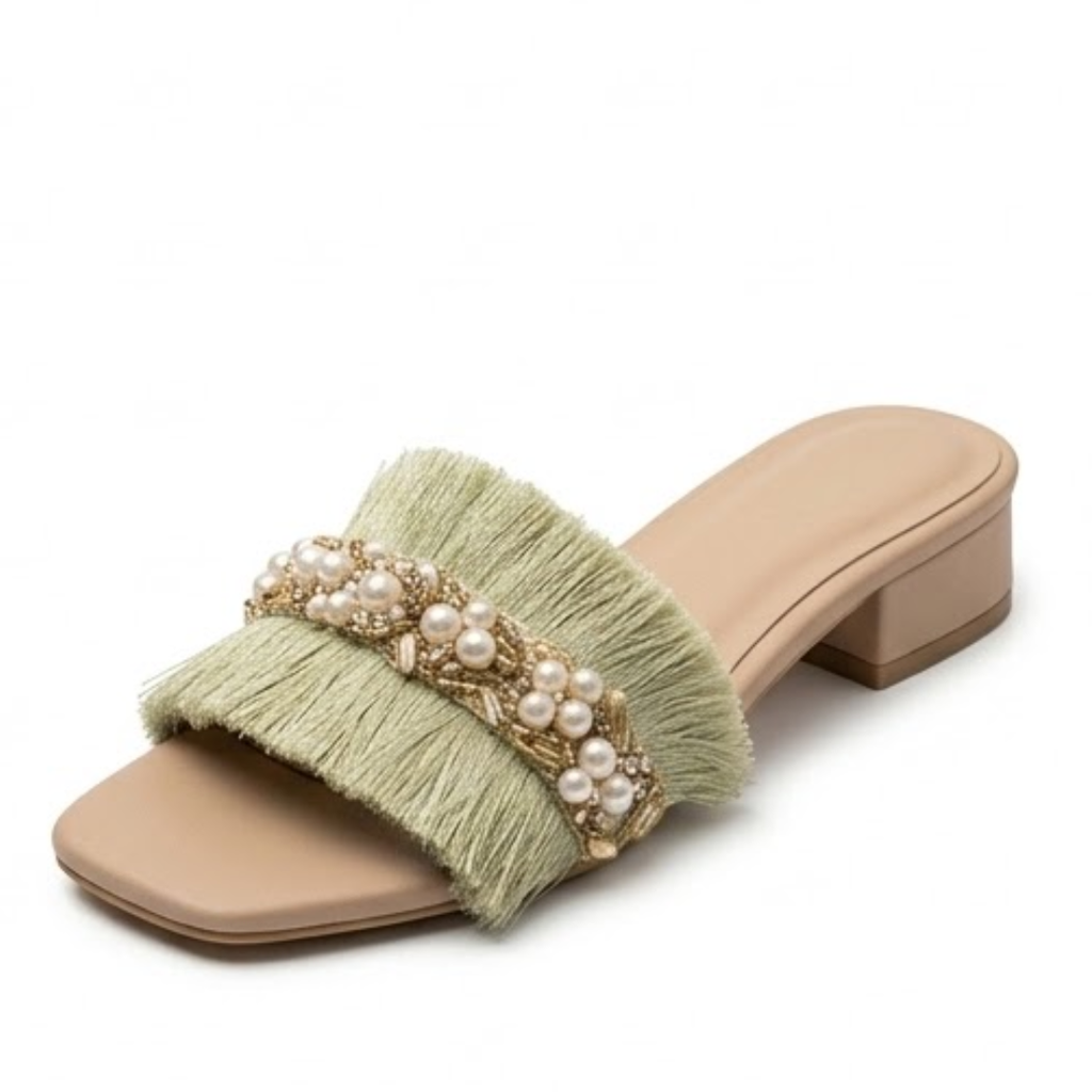 Embellished Fringe Block Heel – Mint Green