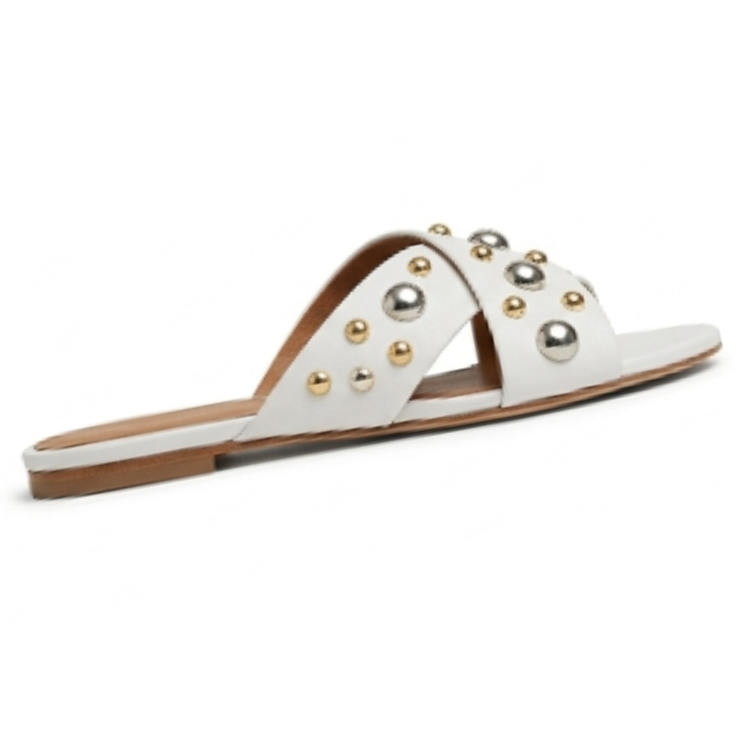 White Criss-Cross Studded Flat Sandals