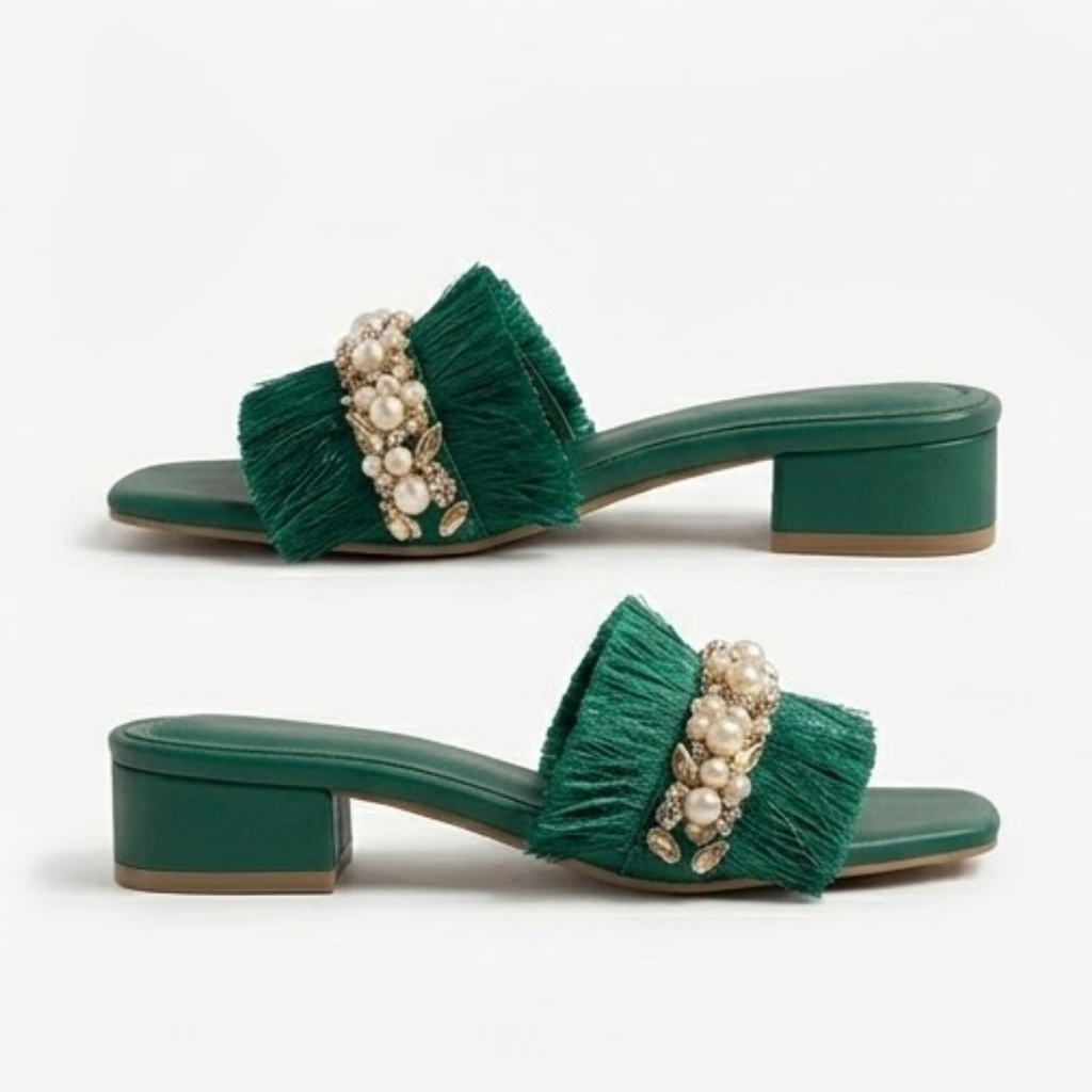 Embellished Fringe Block Heel – Mint Green