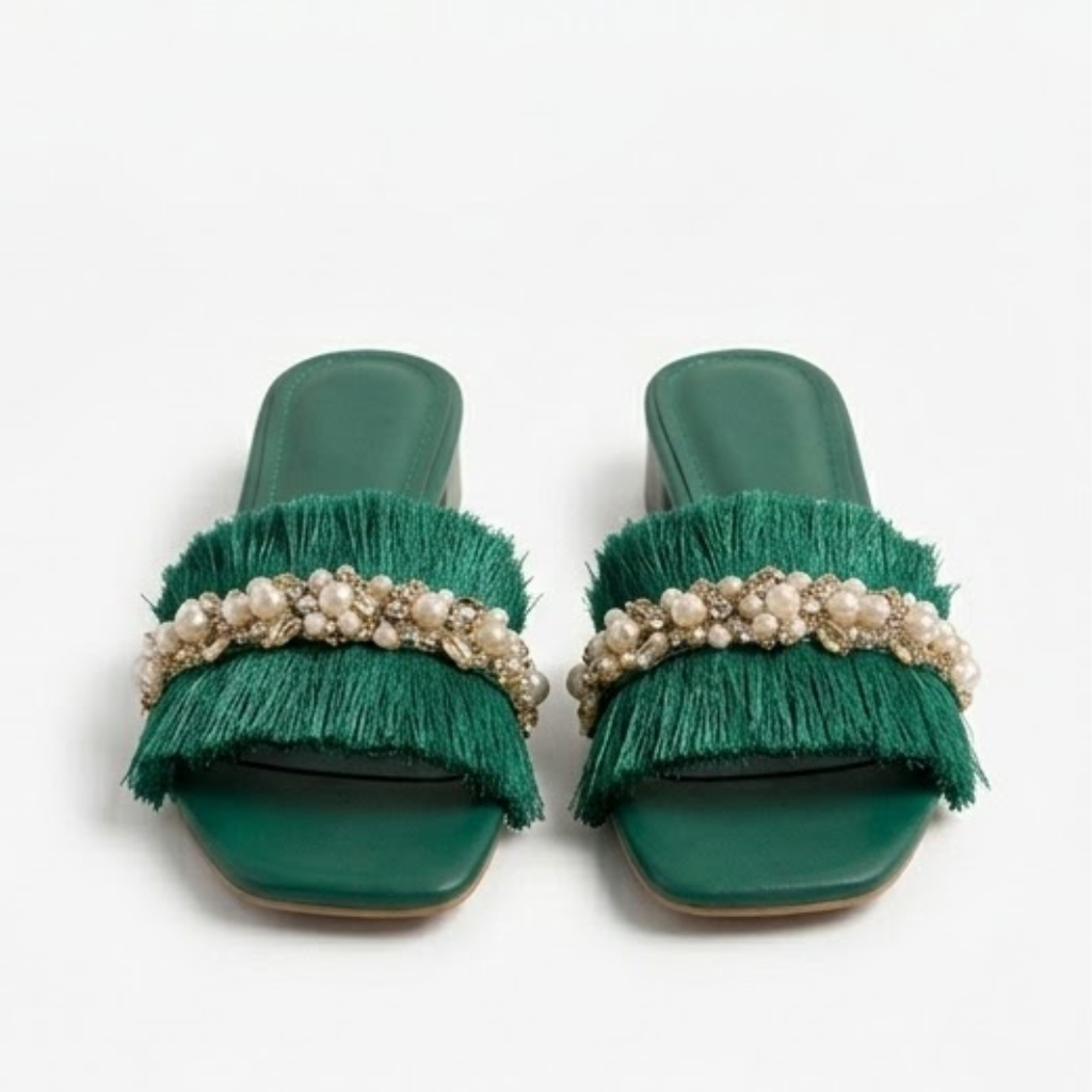 Embellished Fringe Block Heel – Mint Green