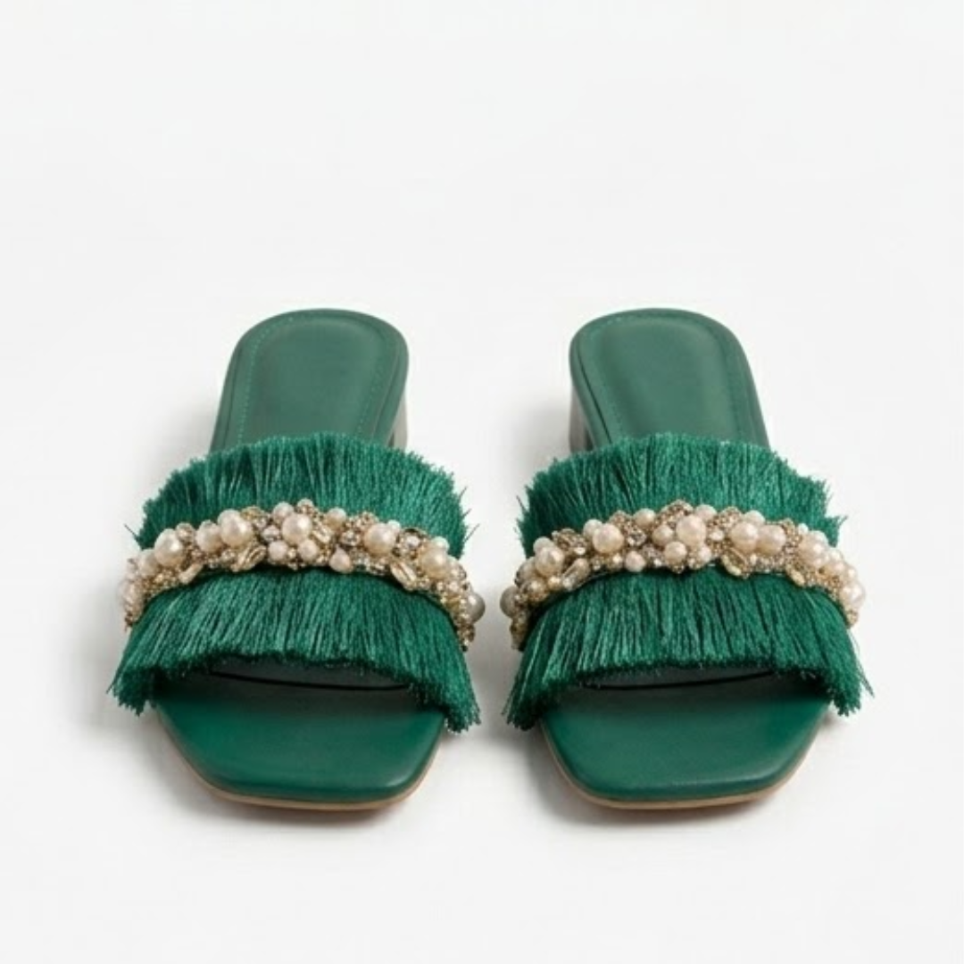 Embellished Fringe Block Heel – Mint Green